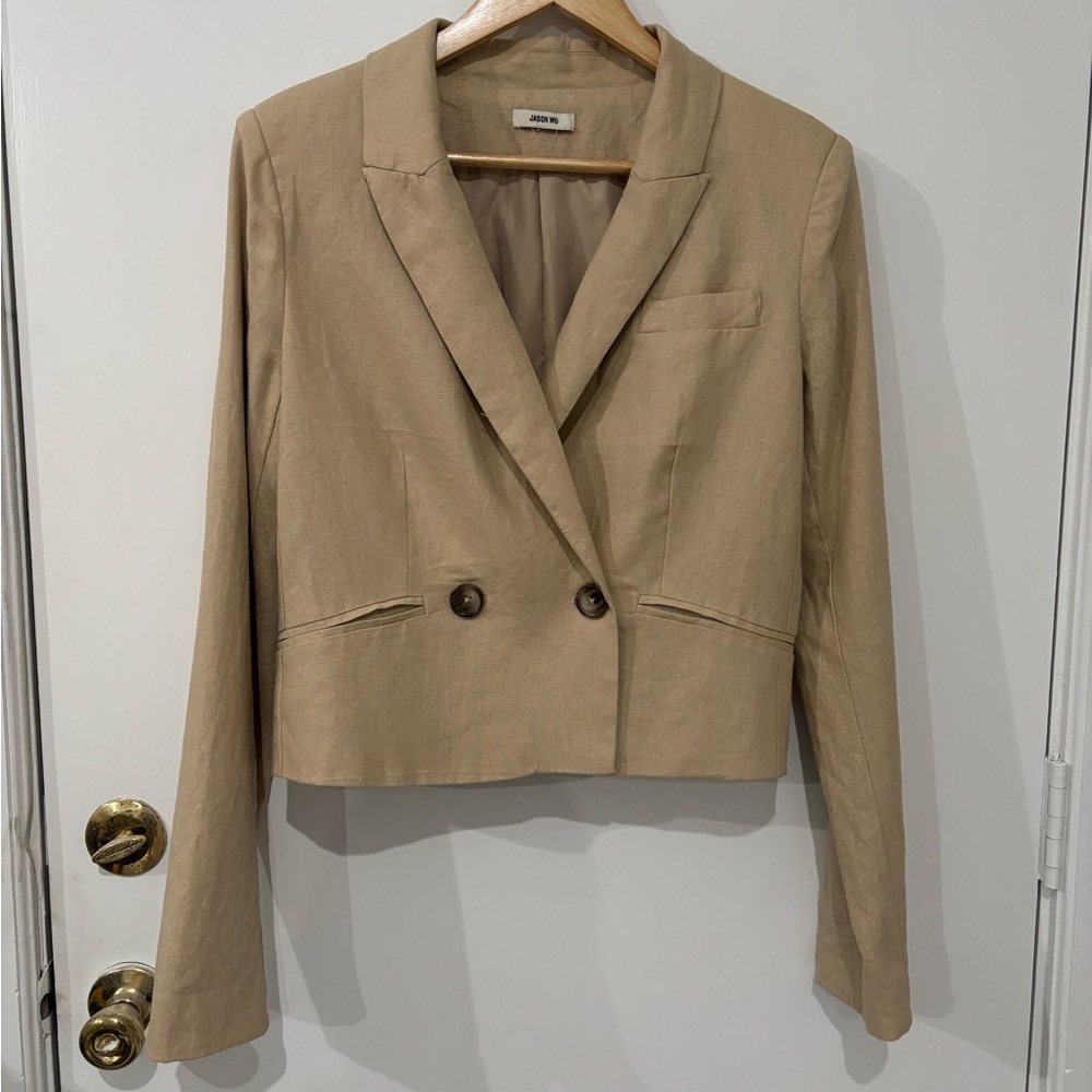 Jason Wu Tan Cropped Blazer with Notched Lapel Linen Blend Khaki Tan *Size S/M ?